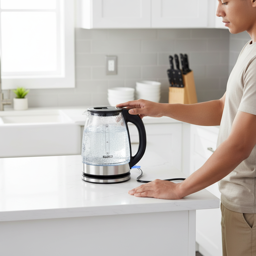 Bouilloire électrique en verre – Vue produit fond blanc avec câble EU