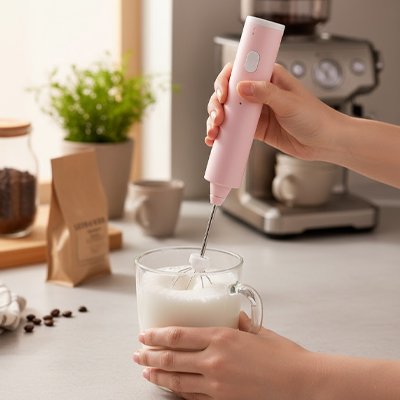 Mousseur à Lait Barista Pro utilisation à la main avec verre de lait