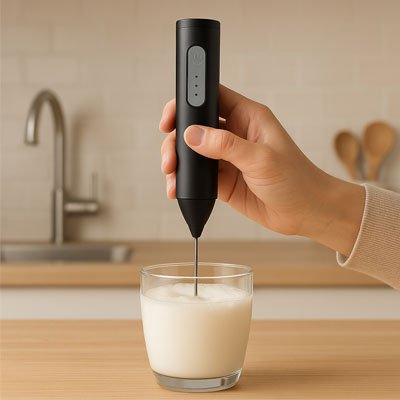 Mousseur à Lait noir tenu à la main pour préparer une boisson mousseuse
