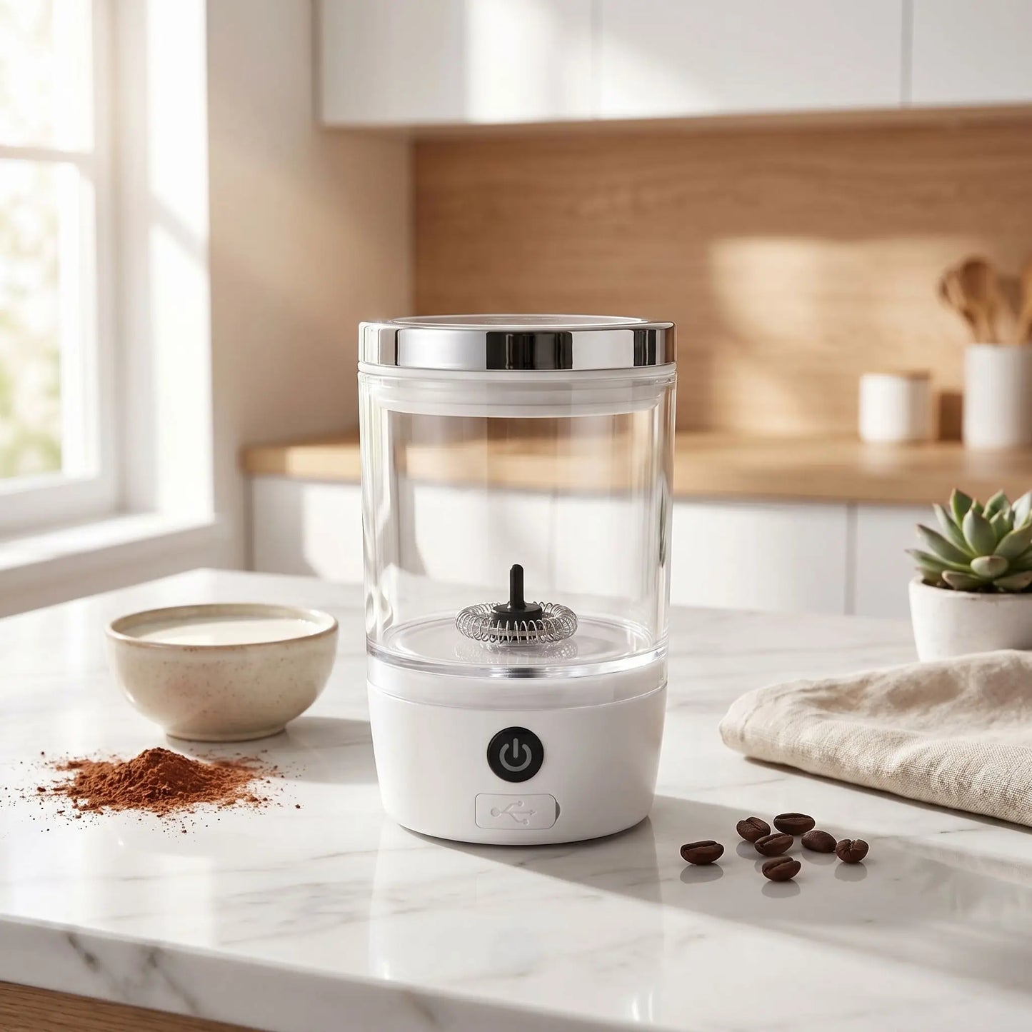 Mousseur de Lait électrique blanc compact avec tasse de latte sur plan de travail
