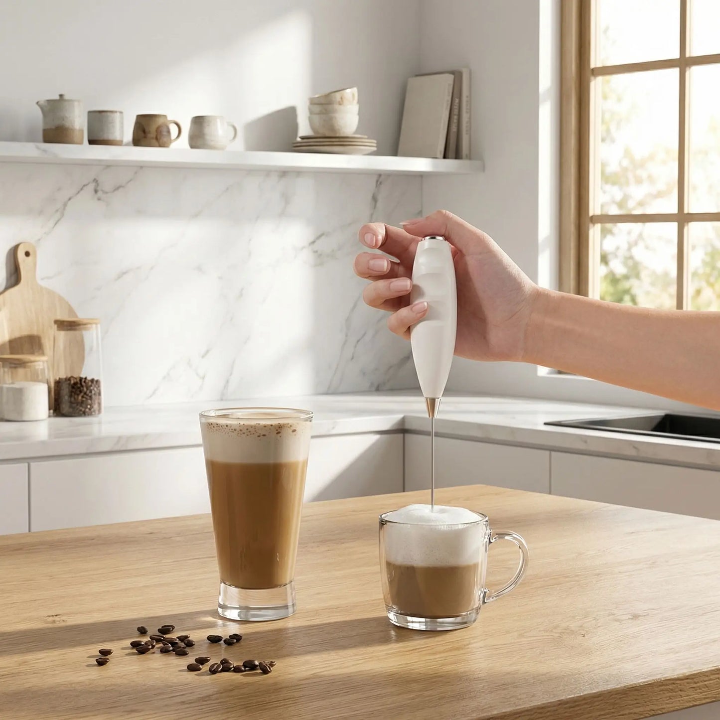 Mousseur-de-Lait-electrique-preparant-un-latte-dans-une-cuisine-lumineuse