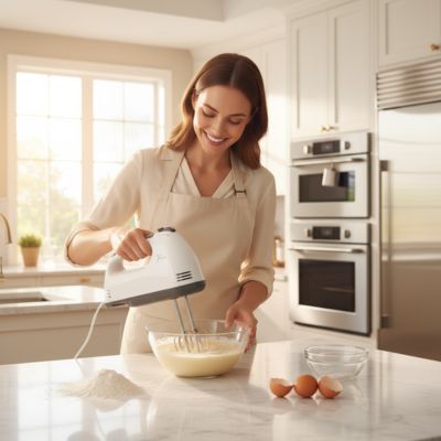 Batteur électrique utilisé par une femme préparant un gâteau dans une cuisine moderne avec un bol à pâtisserie.