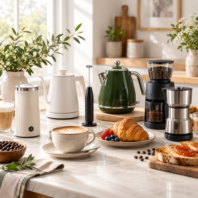 Cadeaux café petit-déjeuner avec bouilloires, moulins et mousseurs