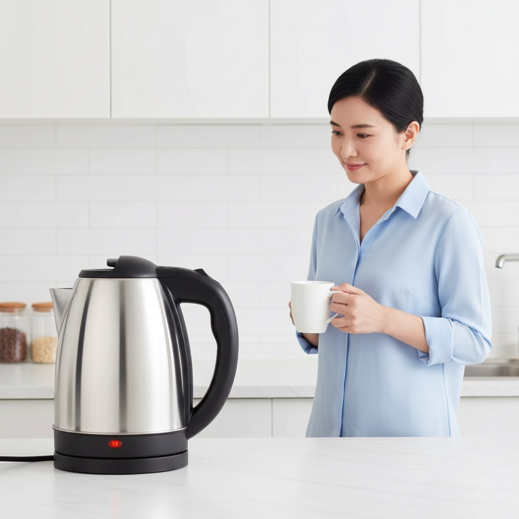 Bouilloire électrique inox brossé femme avec tasse dans cuisine minimaliste