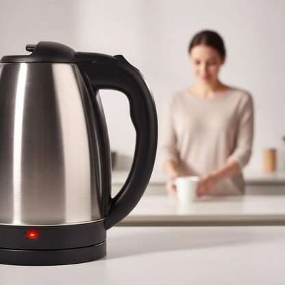 Bouilloire électrique inox brossée gros plan corps poli voyant rouge allumé
