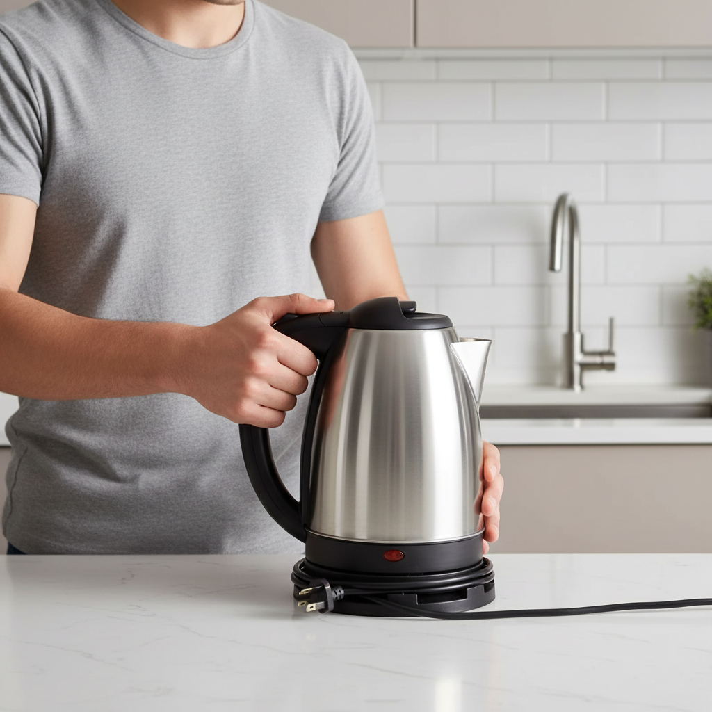 Bouilloire électrique inox prise en main ergonomique sur plan de travail