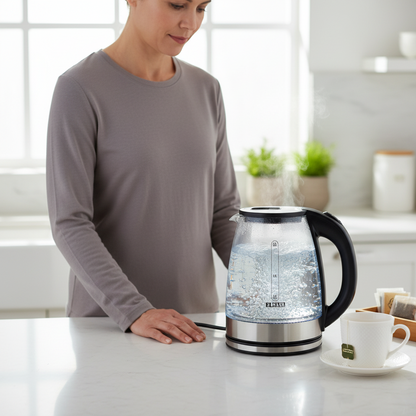 Bouilloire électrique en verre – Ébullition visible et tasse de thé prête
