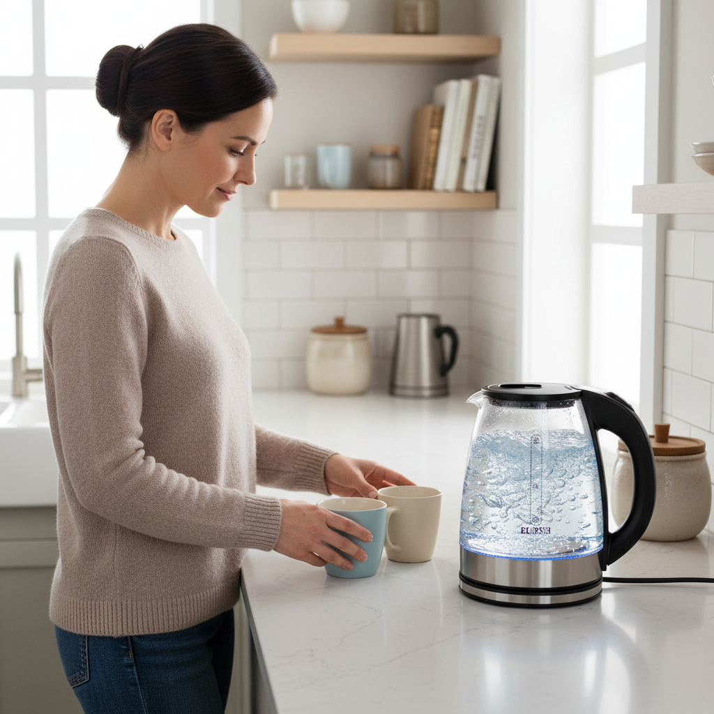 Bouilloire électrique en verre – Mise en chauffe sur base inox 360°
