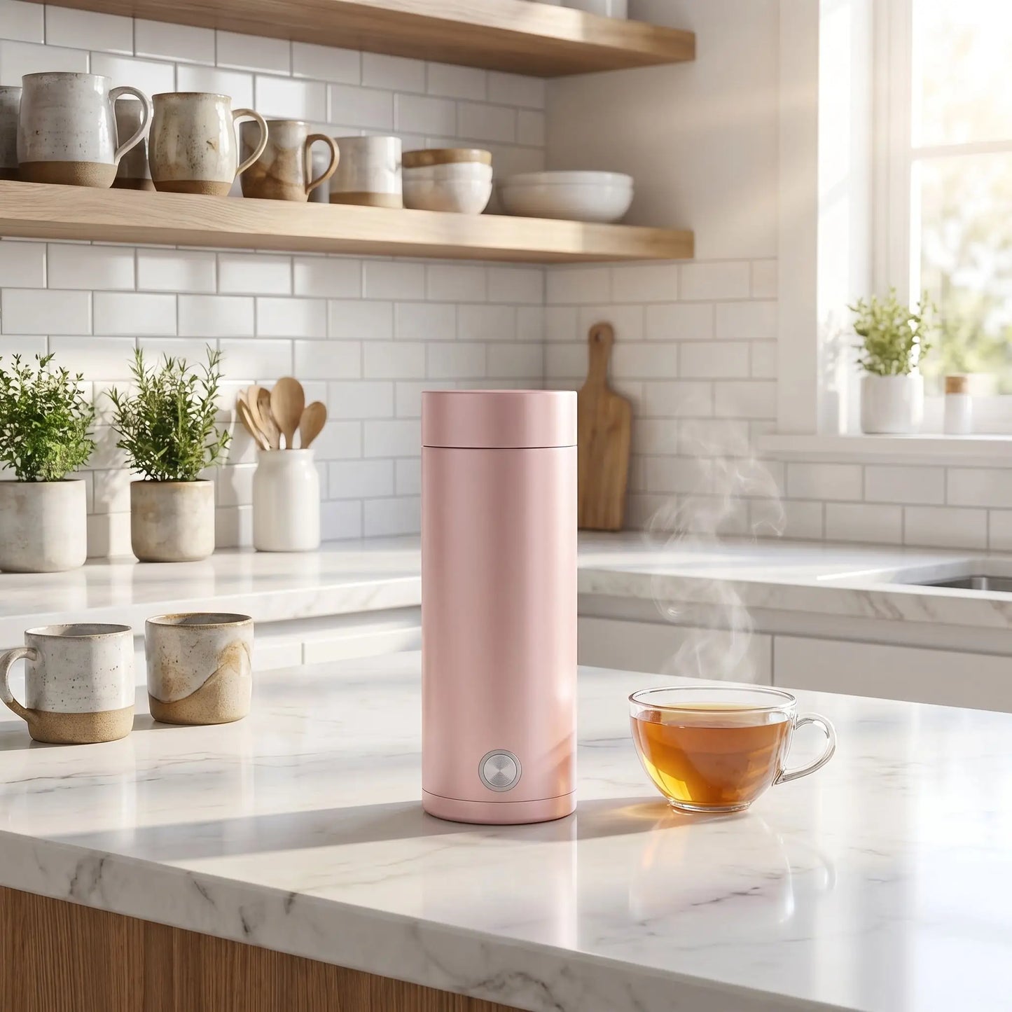 Mini bouilloire de voyage rose utilisée dans une cuisine moderne avec étagères