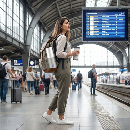 Mini bouilloire de voyage utilisée en gare lors d'un trajet en train