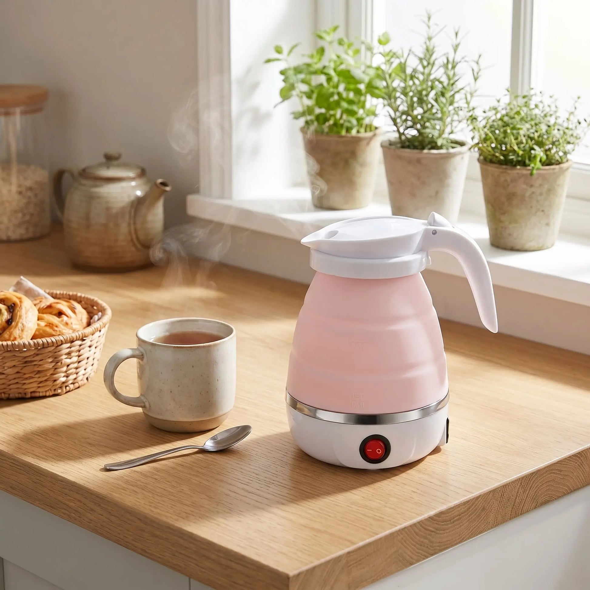 Mini bouilloire pliable de voyage rose lifestyle cuisine moderne