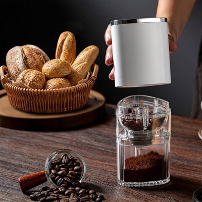 Moulin à café manuel blanc, double compartiment transparent ergonomique