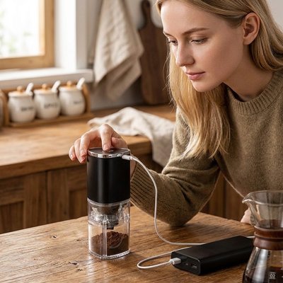 Moulin à café manuel, réservoir grains et chambre de récupération intégrée