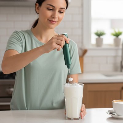 Mousseur à Lait Barista Pro femme préparant un latte mousseux dans une cuisine moderne
