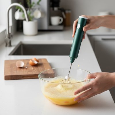 Mousseur à Lait Barista Pro fouettage œufs dans un bol en cuisine