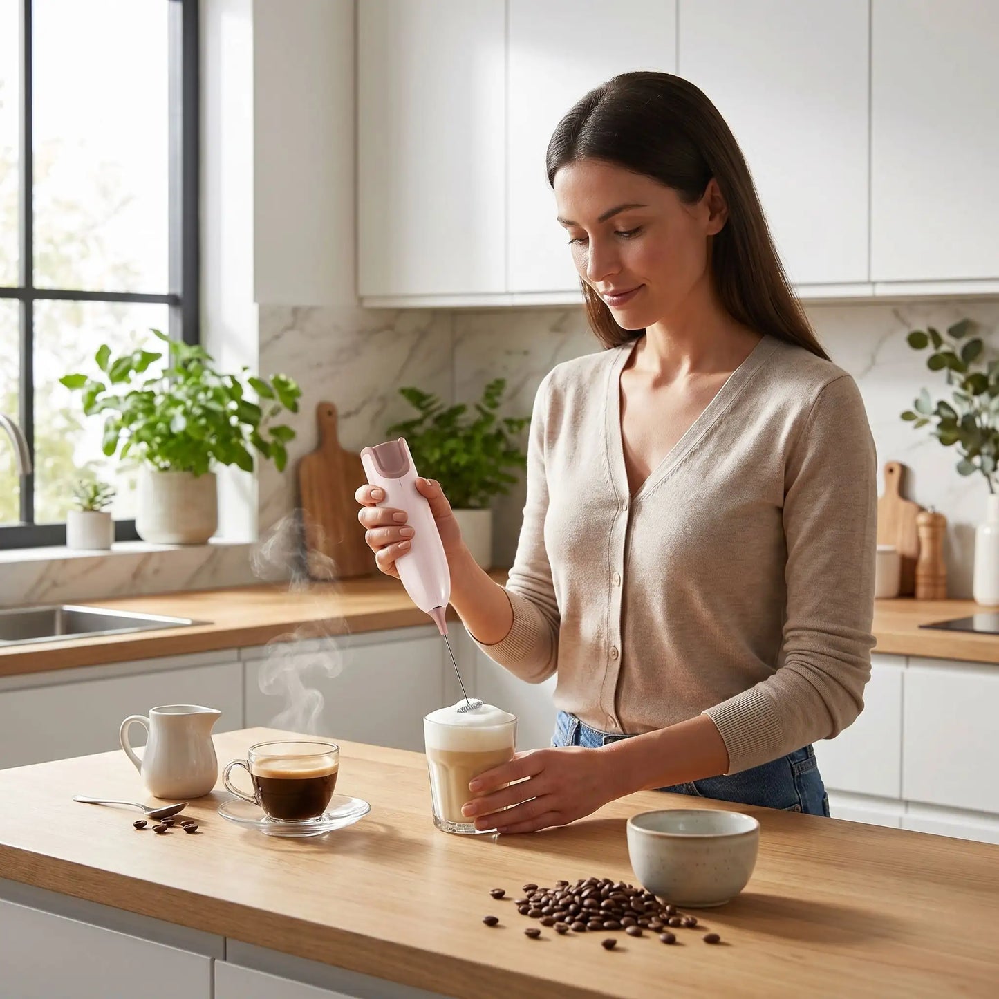 Mousseur à Lait blanc avec femme préparant une boisson dans une cuisine lumineuse