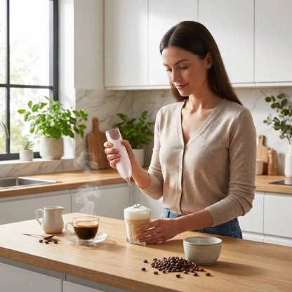 Mousseur à Lait blanc avec femme préparant une boisson dans une cuisine lumineuse