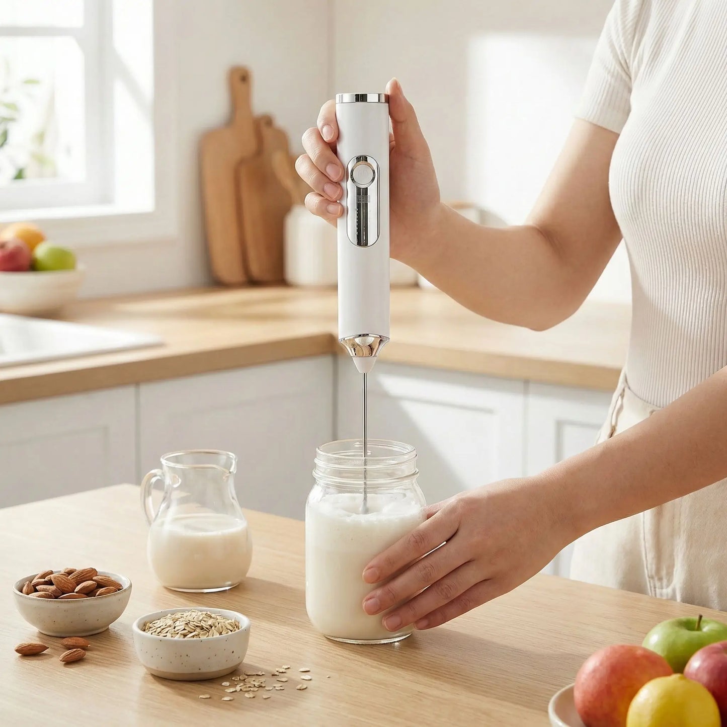 Mousseur à Lait blanc compact avec accessoires de cuisine sur plan de travail en bois