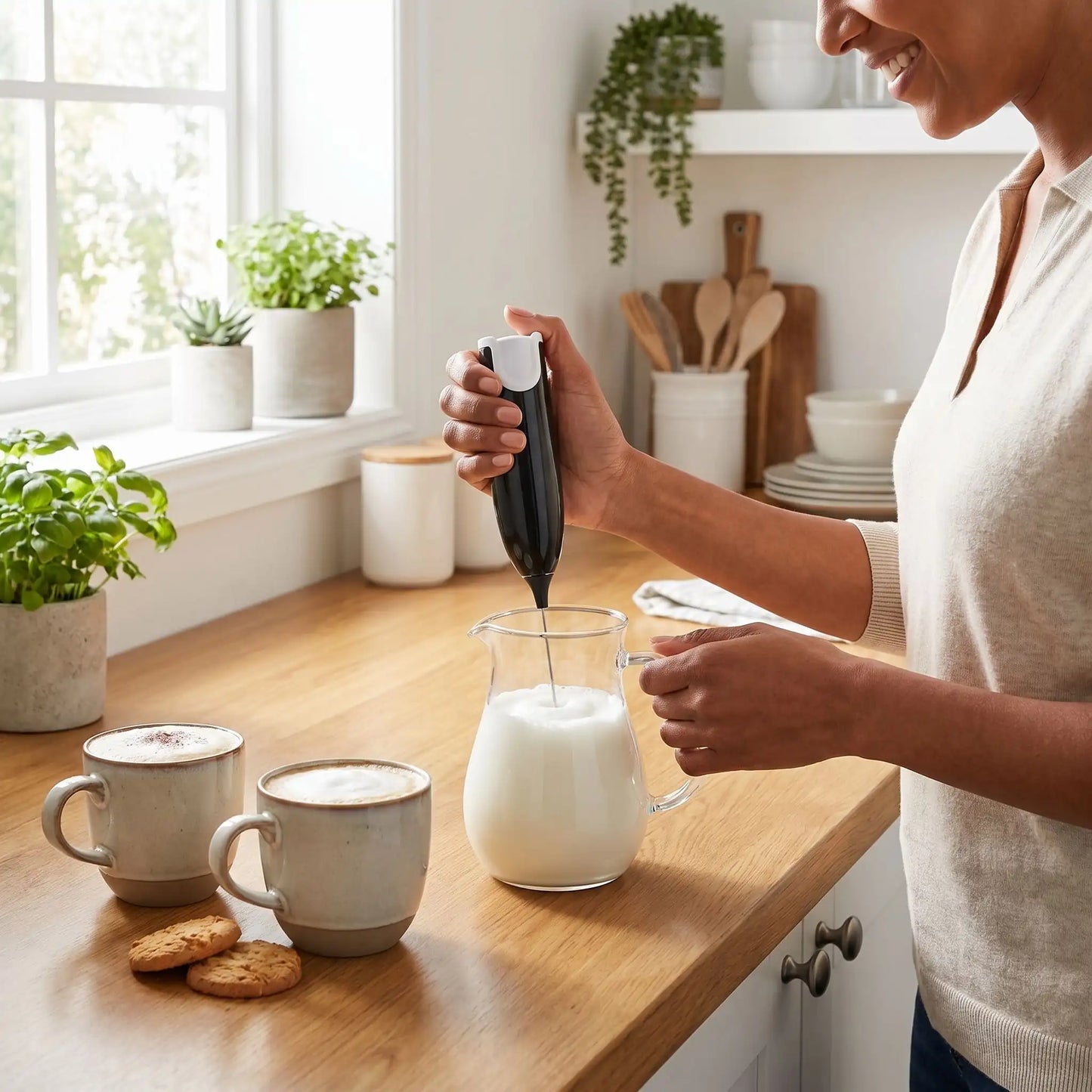 Mousseur à Lait blanc compact avec tasse de café et accessoires de barista