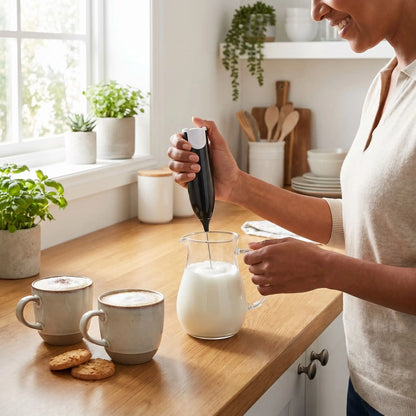 Mousseur à Lait blanc compact avec tasse de café et accessoires de barista