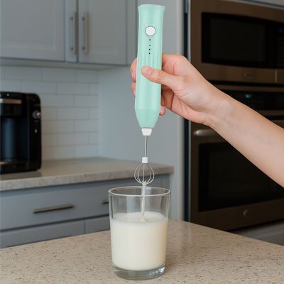 Mousseur à Lait compact turquoise tenu à la main dans une cuisine moderne