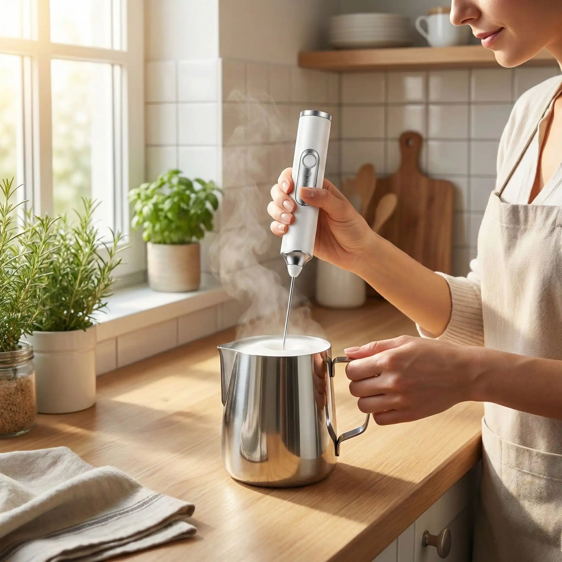 Mousseur à Lait électrique blanc préparant une boisson chaude dans une casserole