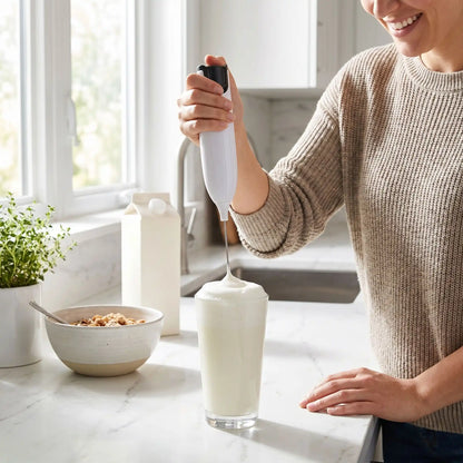 Mousseur à Lait électrique blanc tenu à la main au-dessus d'une boisson chaude