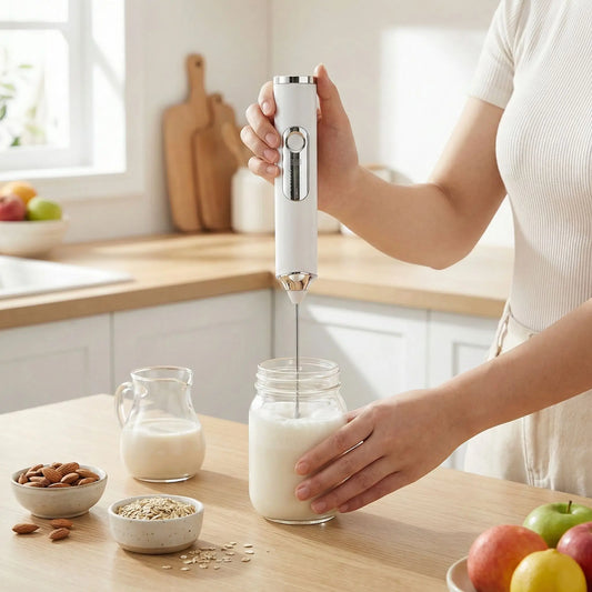 Mousseur à Lait électrique blanc tenu à la main avec verre de lait et fruits sur comptoir