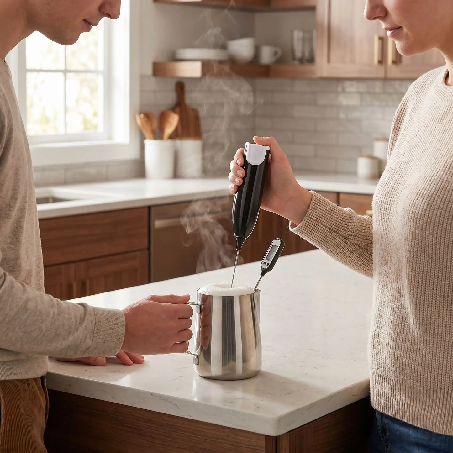Mousseur à Lait électrique blanc utilisé par une femme dans une cuisine moderne