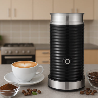 Mousseur à Lait électrique noir avec tasse de cappuccino et grains de café