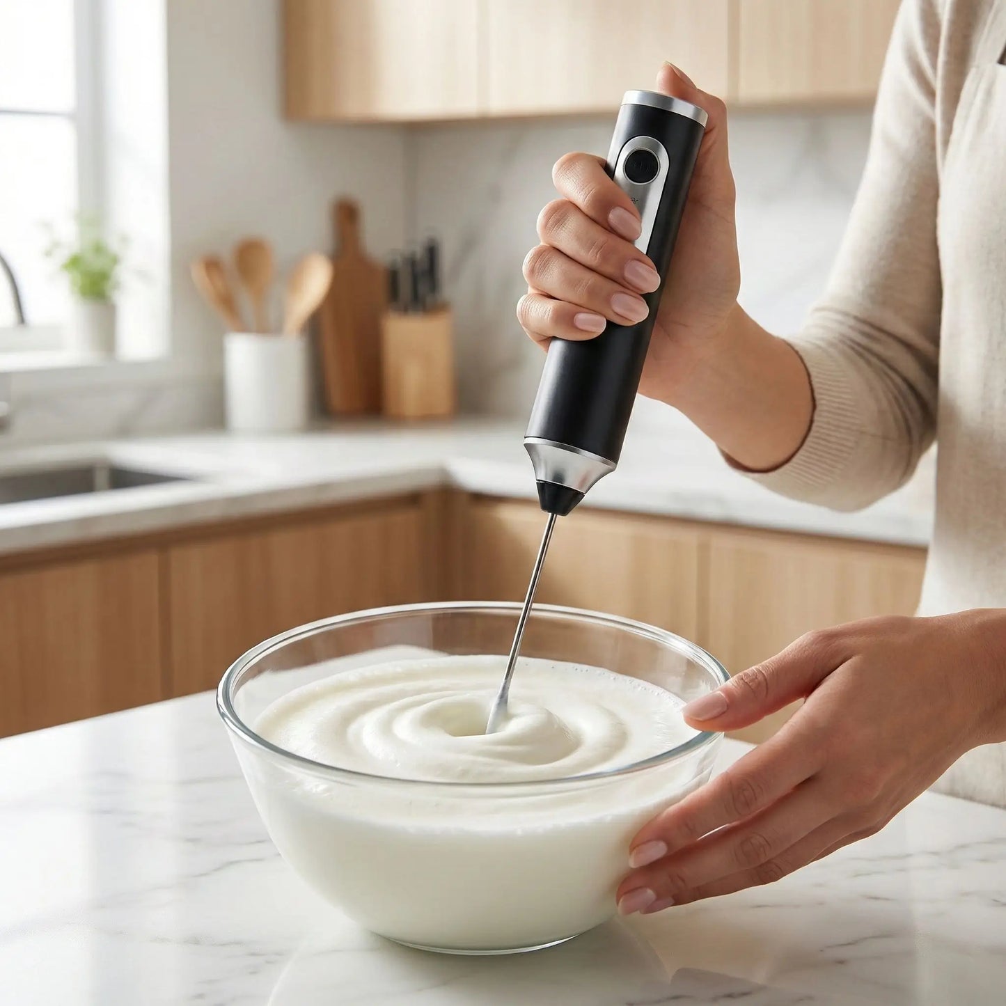Mousseur à Lait électrique blanc moussant de la crème dans un bol blanc