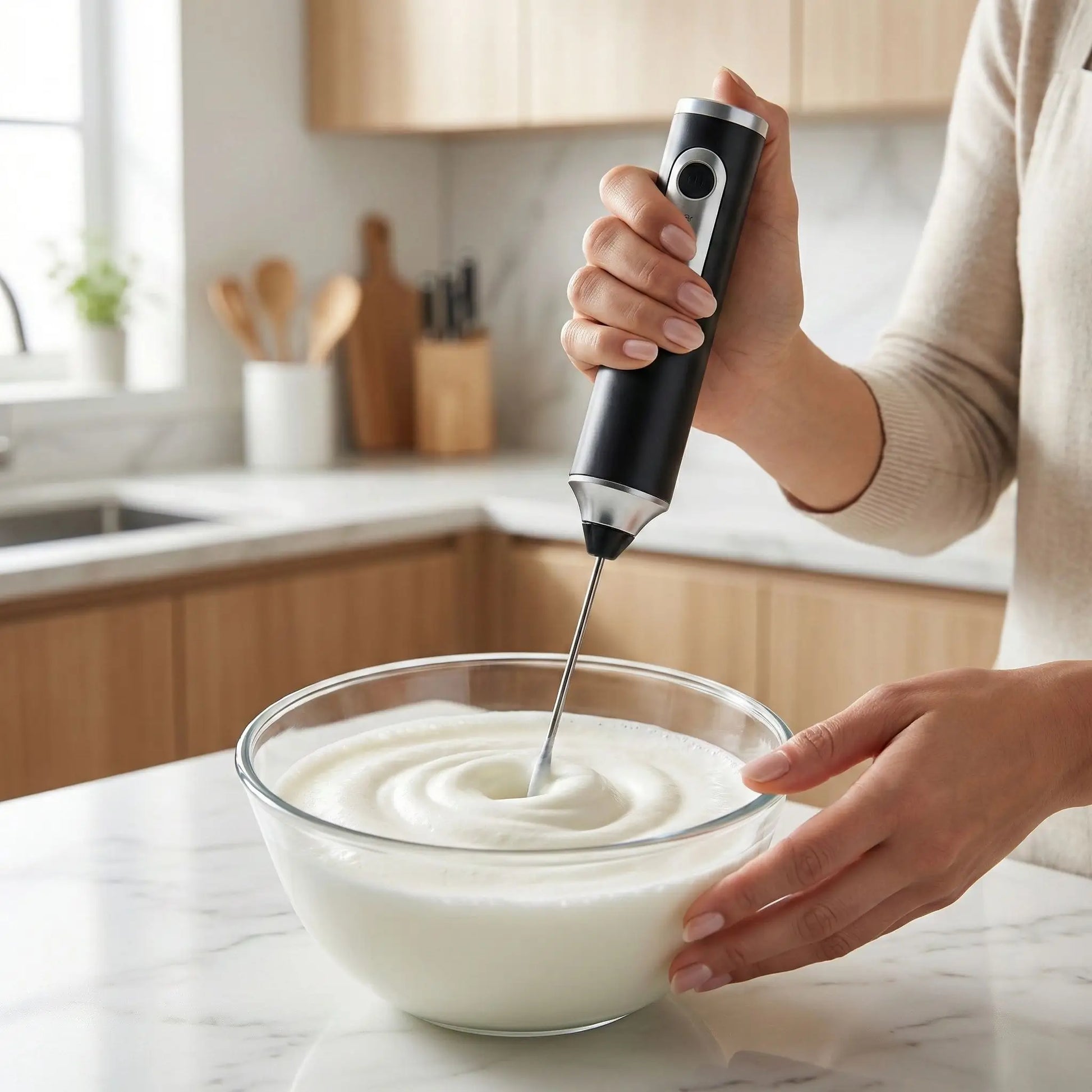 Mousseur à Lait électrique blanc moussant de la crème dans un bol blanc