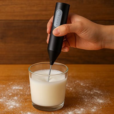 Mousseur à Lait électrique noir moussant du lait dans un verre transparent