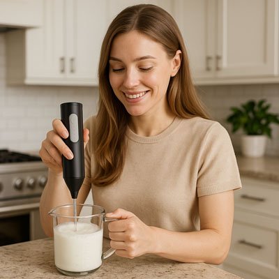 Mousseur à Lait électrique noir tenu par une femme souriante dans une cuisine