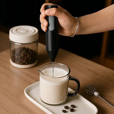 Mousseur à Lait électrique noir utilisé au-dessus d'une tasse et soucoupe blanche