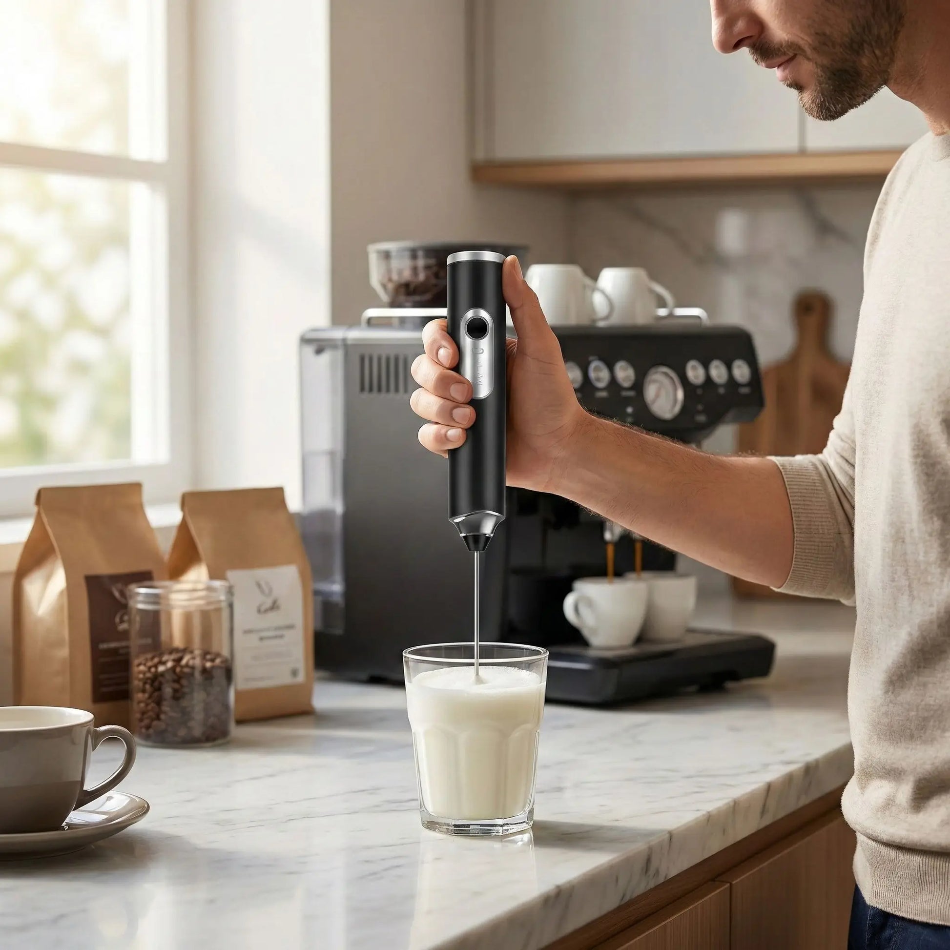 Mousseur à Lait électrique noir utilisé par une personne dans une cuisine moderne lumineuse