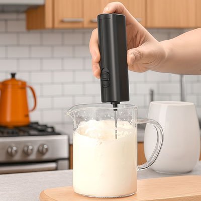 Mousseur à Lait électrique sans fil en action dans un pichet en verre