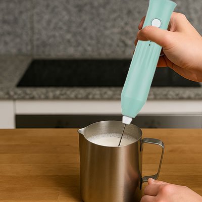 Mousseur à Lait électrique turquoise avec carton de lait sur comptoir de cuisine
