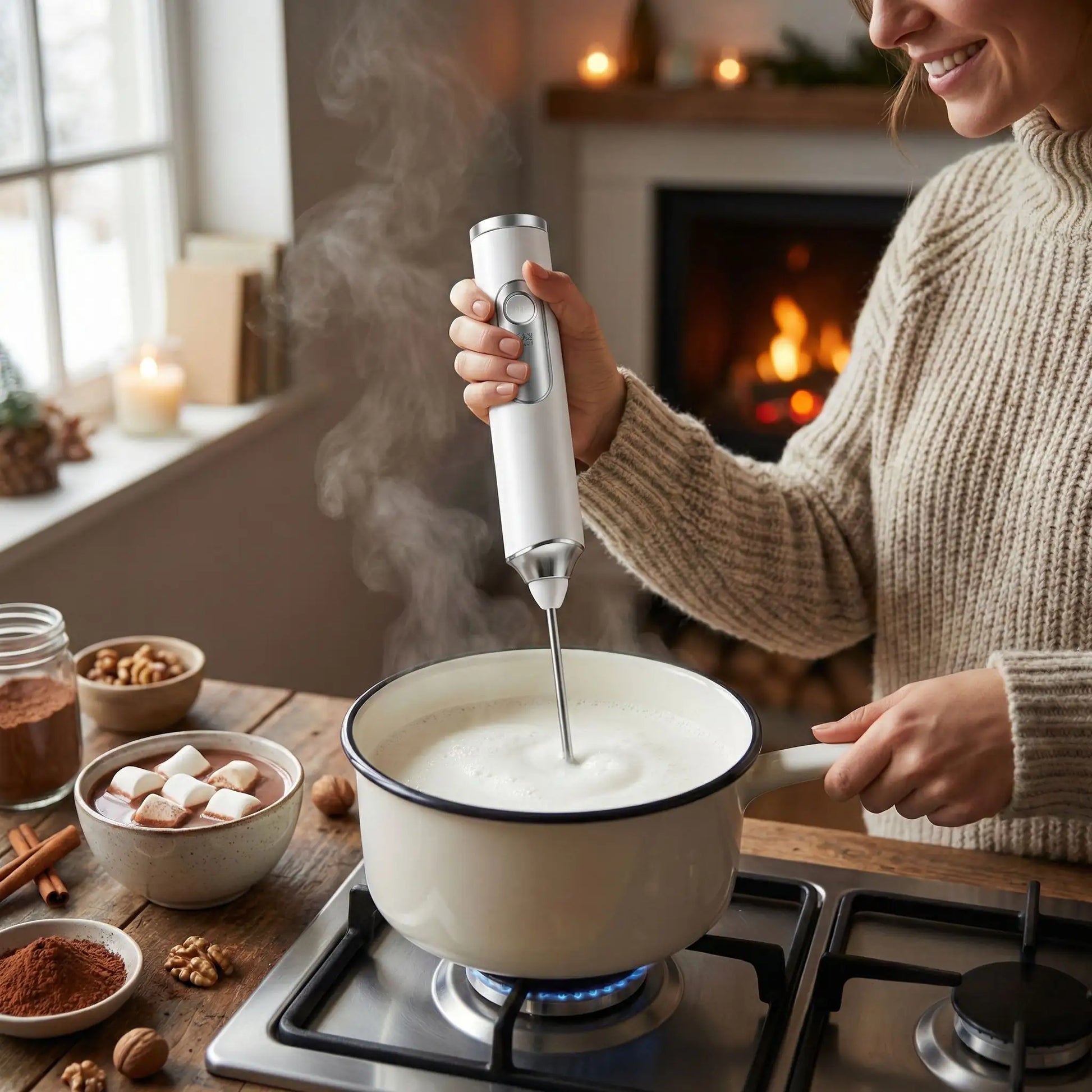 Mousseur à Lait portable blanc utilisé dans une cuisine chaleureuse avec cheminée