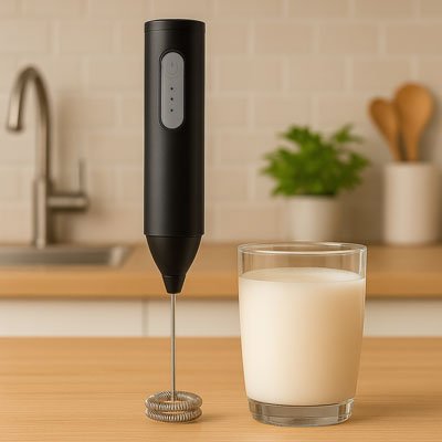 Mousseur à Lait portable noir posé sur un comptoir en bois avec verre de lait