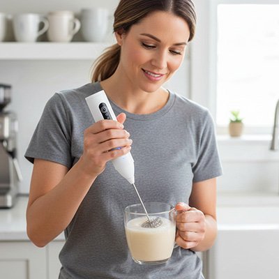 Mousseur à lait Onctueux Pro Femme préparant une mousse onctueuse