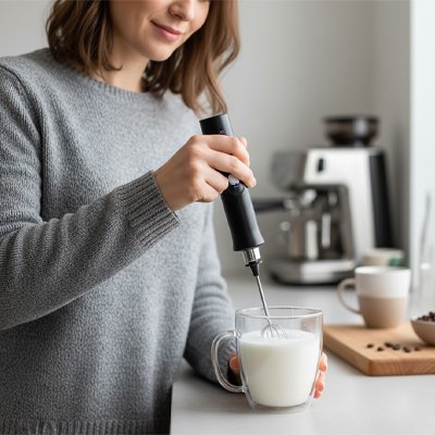 Mousseur à lait électrique Barista Express femme moussant du lait avec appareil
