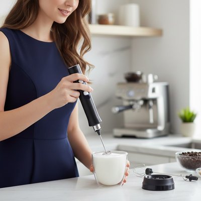 Mousseur à lait électrique Barista Express femme préparant une boisson chaude en cuisine