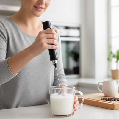Mousseur à lait électrique Barista Express gros plan sur la mousse crémeuse dans une tasse
