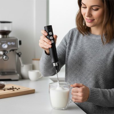 Mousseur à lait électrique Barista Express utilisation debout dans une cuisine moderne
