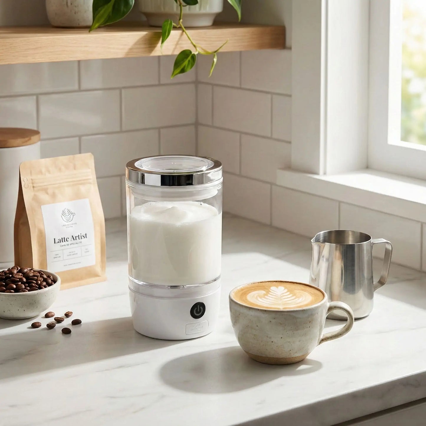 Mousseur de Lait automatique blanc avec accessoires sur comptoir de cuisine