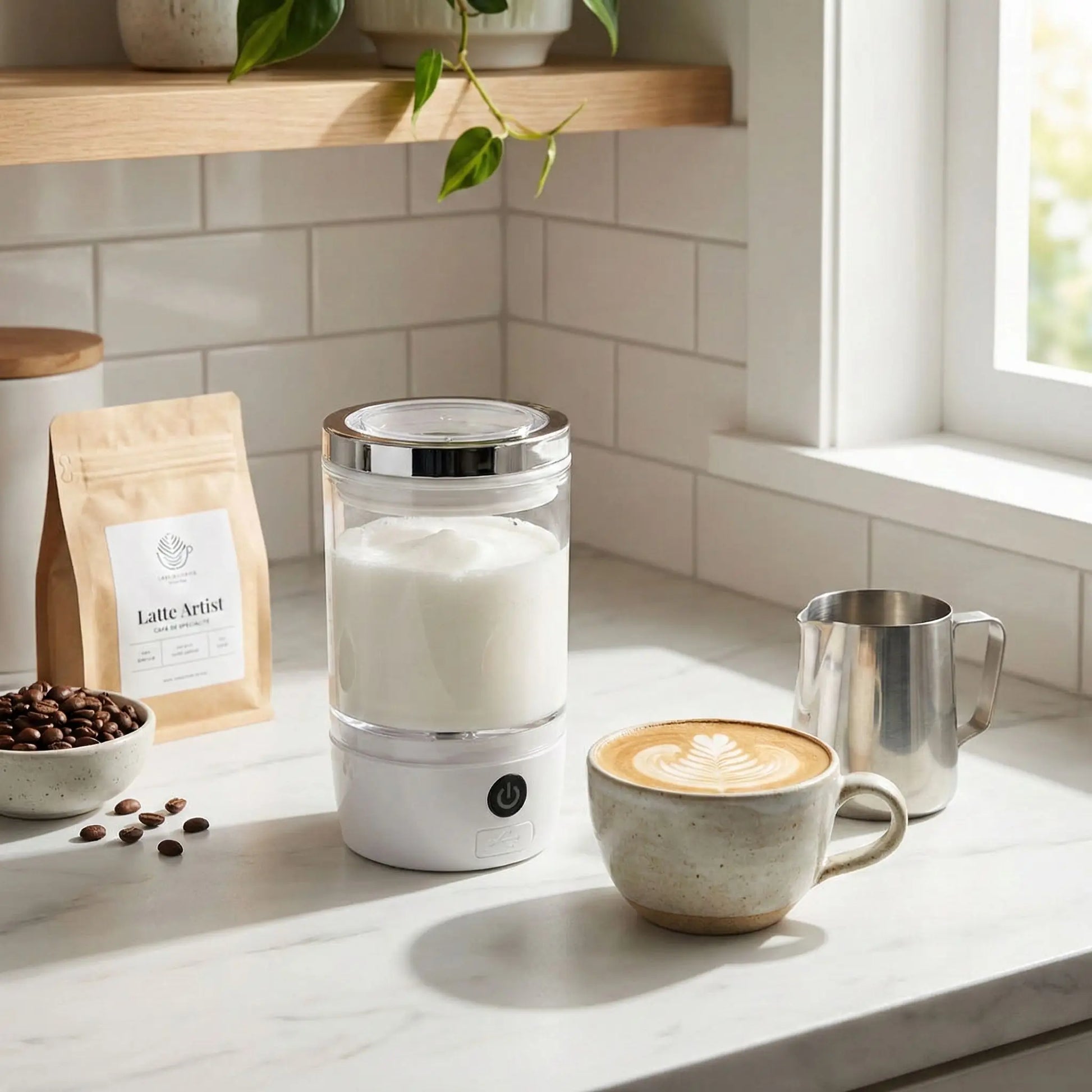 Mousseur de Lait automatique blanc avec accessoires sur comptoir de cuisine