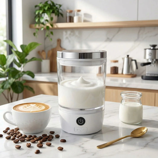 Mousseur de Lait électrique blanc avec tasse de cappuccino et grains de café