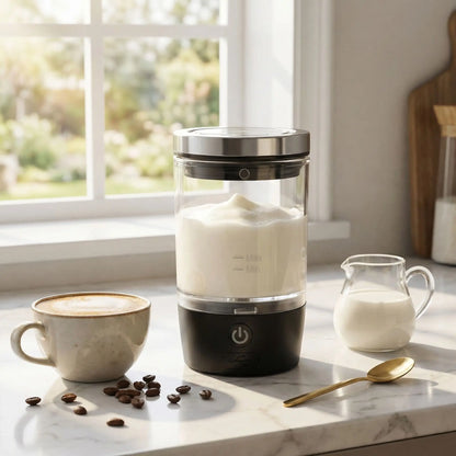 Mousseur de Lait électrique blanc préparant un café noir dans une cuisine lumineuse