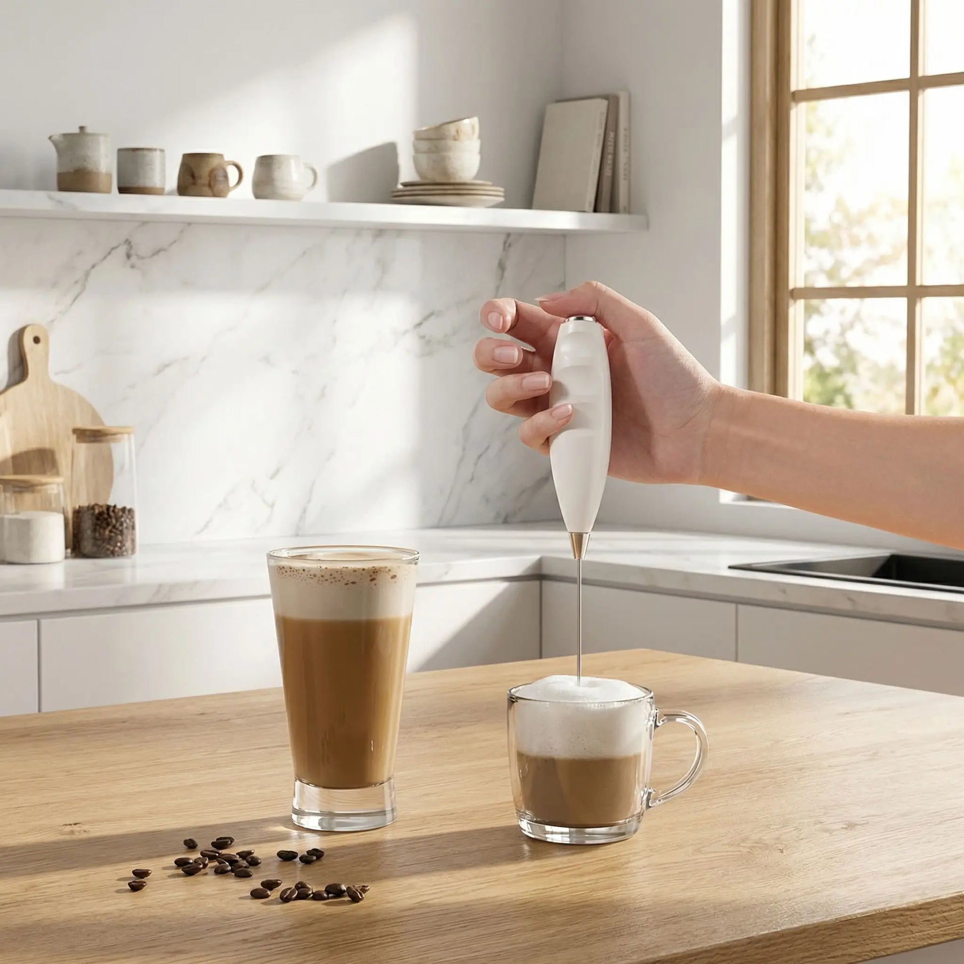 Mousseur-de-Lait-electrique-preparant-un-latte-dans-une-cuisine-lumineuse